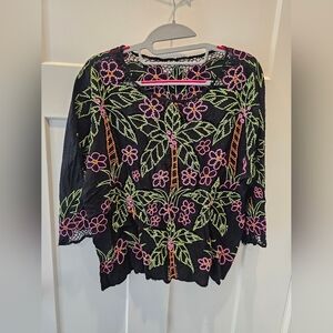 Vanity Collection Black Embroidered Tropical Floral Top XL Boho Resort Blouse